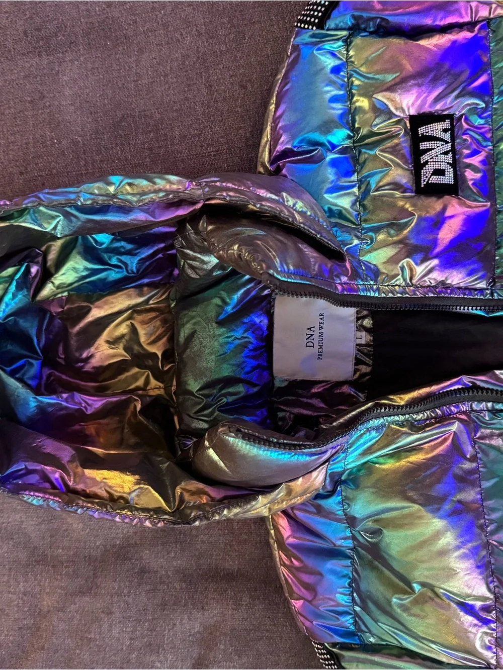 Iridescent Rainbow Puffer Jacket with DNA Patch